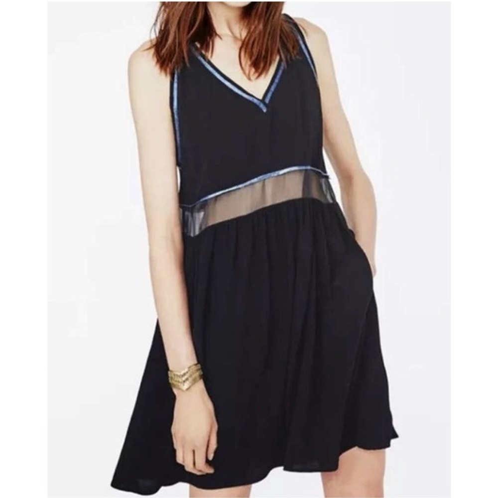 Maje The Ruben Black & Blue Trim Silk Sleeveless Chiffon Dress size Medium